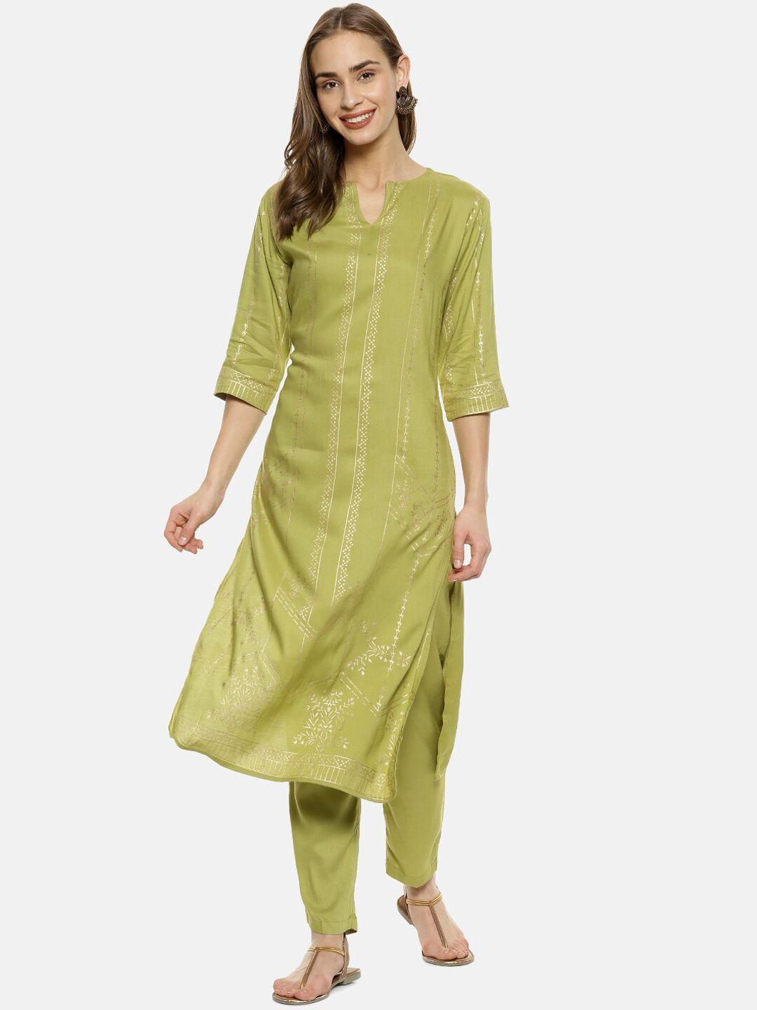 instafab women green printed kurta with trousers