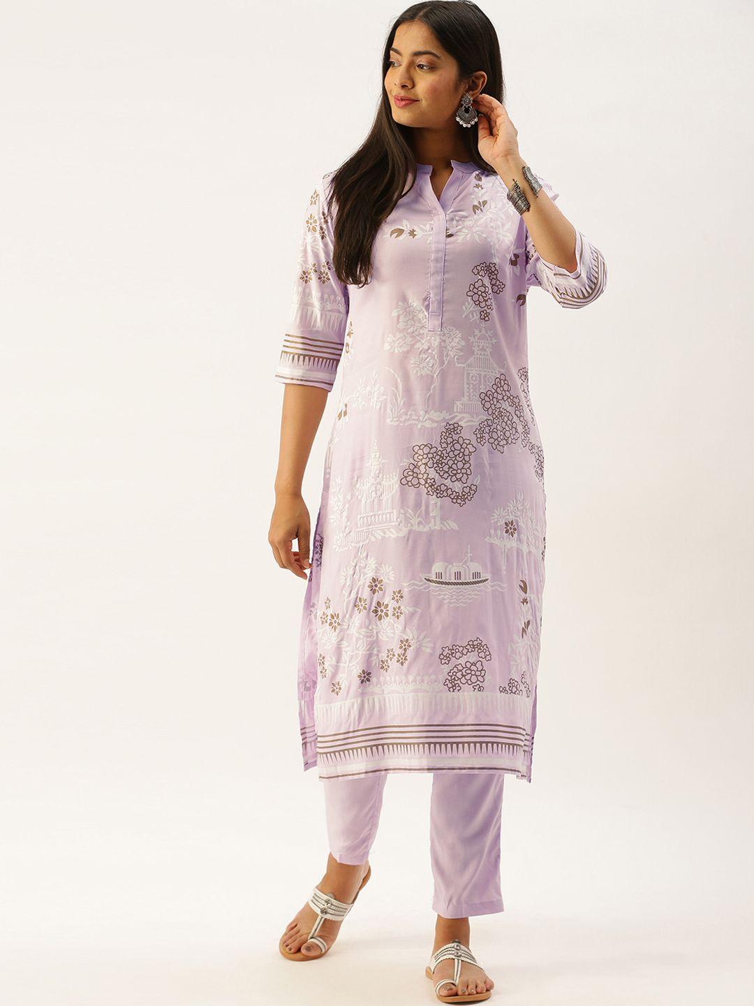 instafab women lavender & white floral printed kurta with trousers