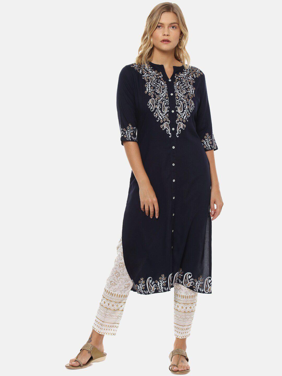 instafab women navy blue & off-white yoke design kurta with trousers