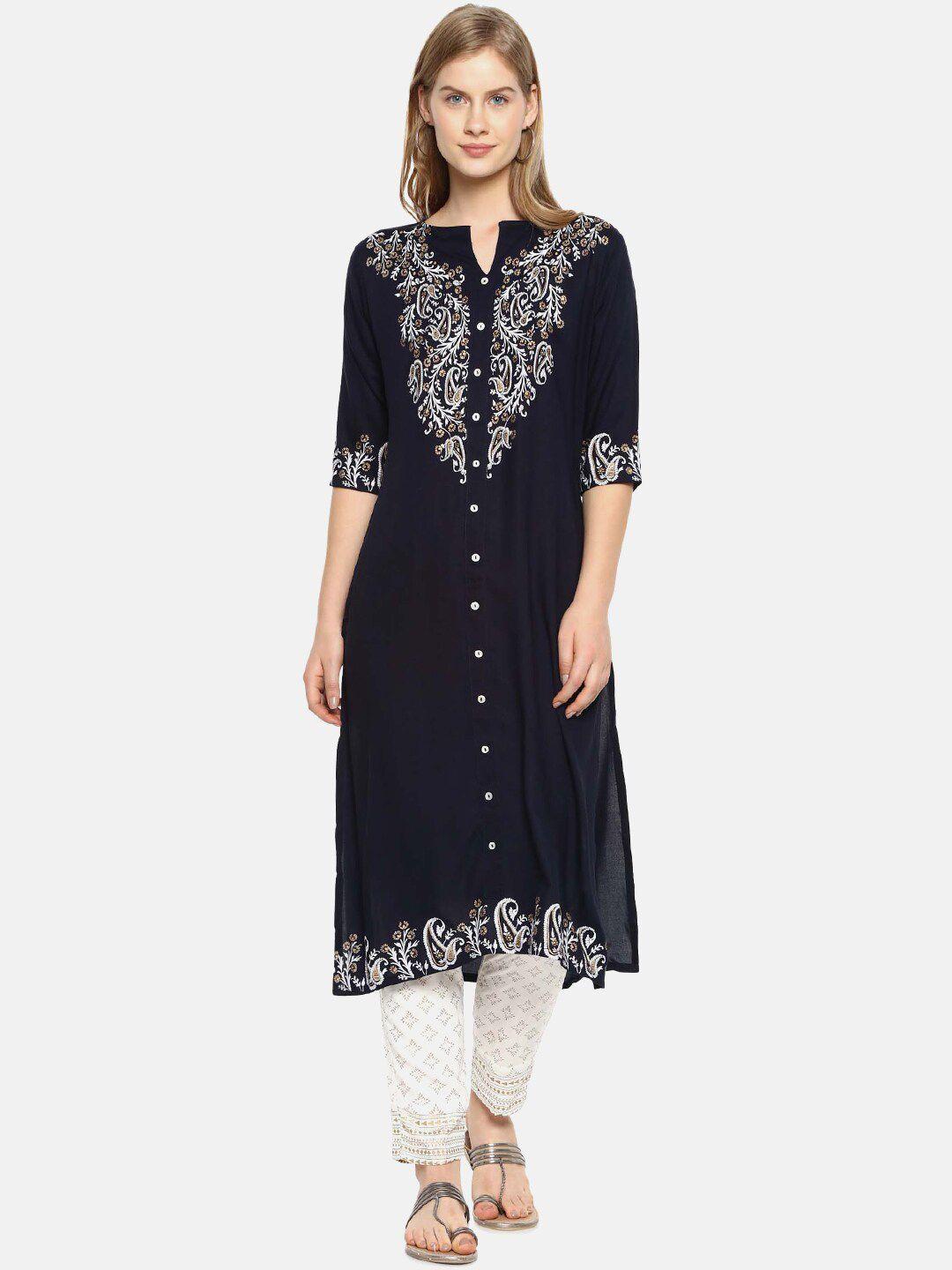 instafab women navy blue & white paisley print straight kurta with trousers