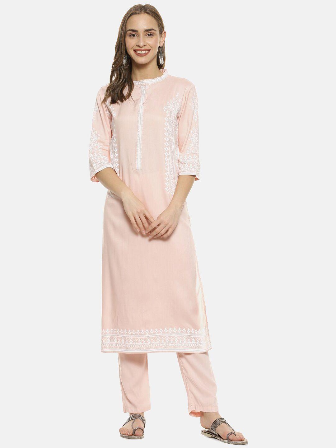 instafab women peach-coloured printed kurta with trousers