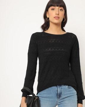 instarsia knit pullover with puffed sleeves