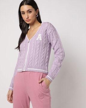 intarsia knit zip-front v-neck cardigan