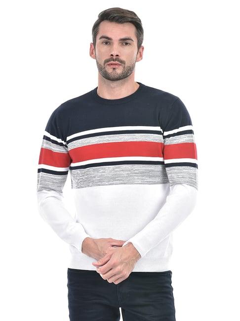 integriti white & navy regular fit striped cotton sweater
