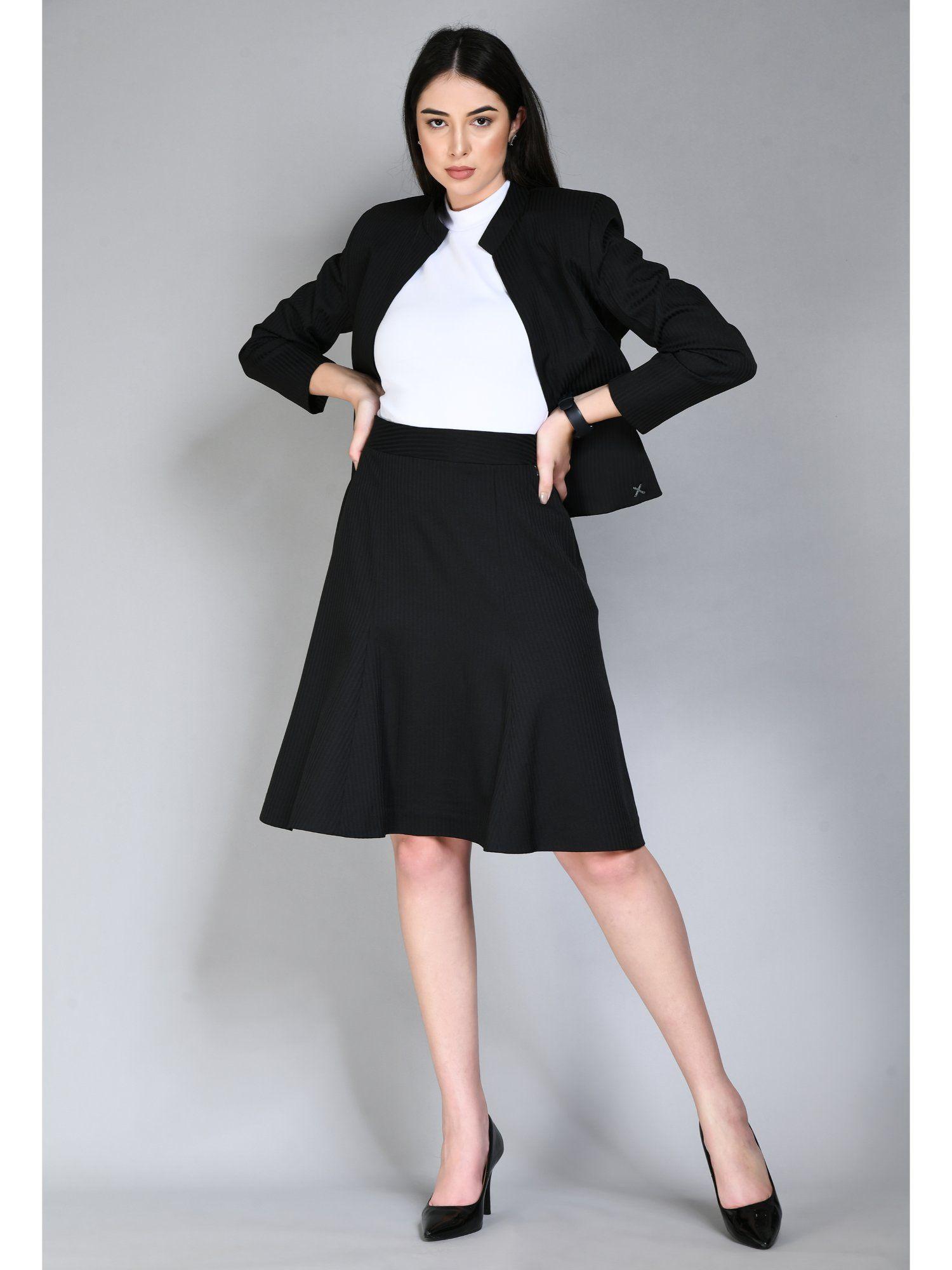 intelligence striped short blazer a-line skirt - black (set of 2)