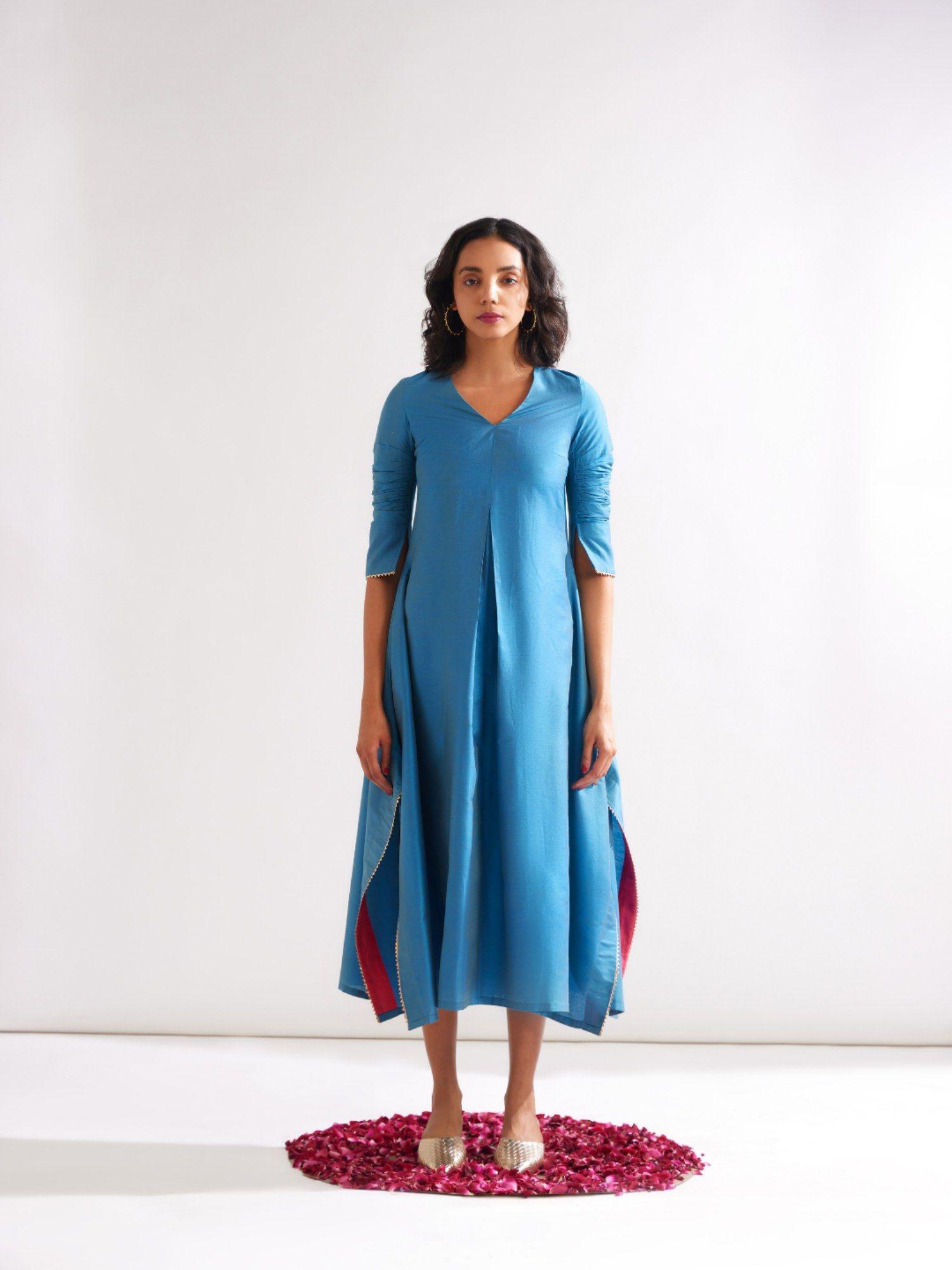 inverted box pleat flare dress - blue moon