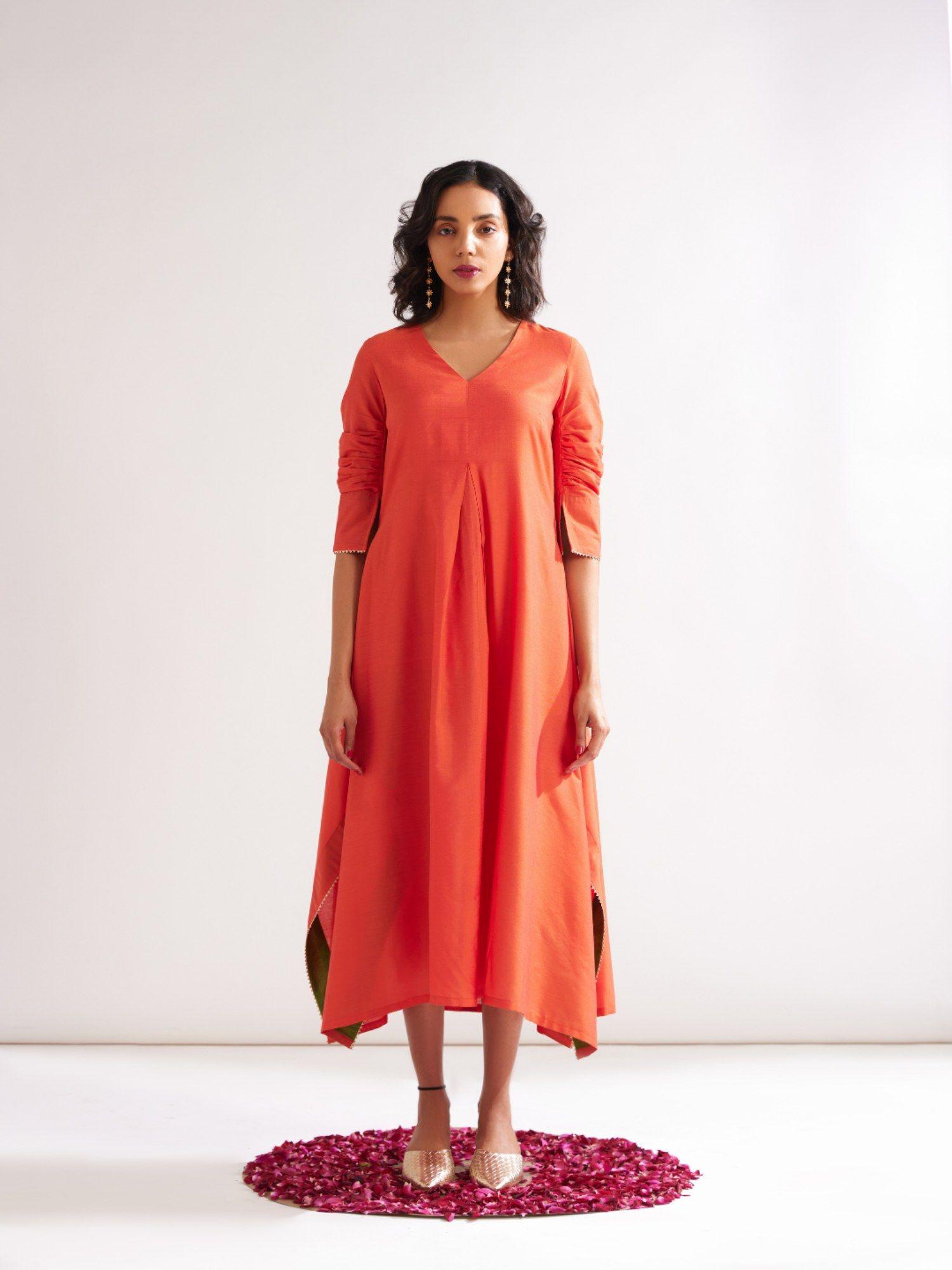 inverted box pleat flare dress - spicy orange