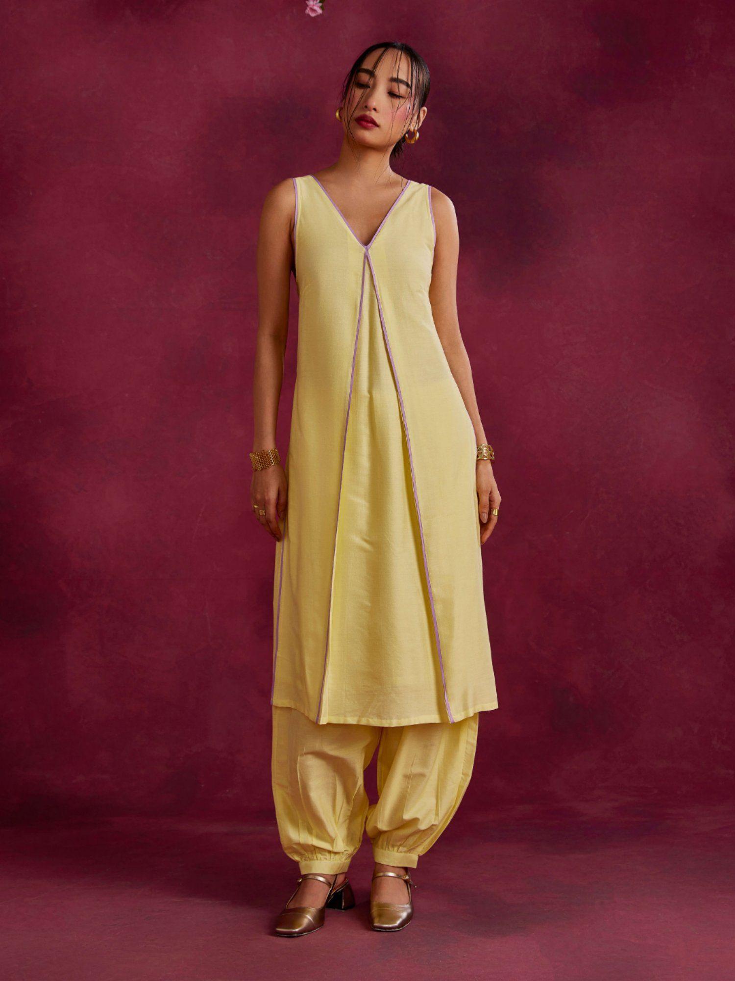 inverted pleat front kurta with back tie up lemon yellow