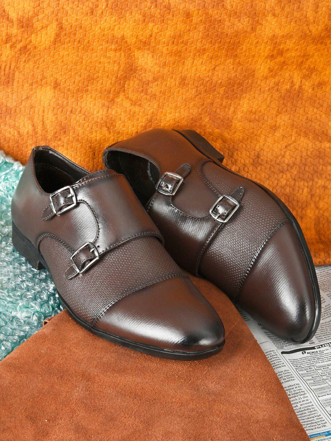 invictus men brown textured formal monk shoes