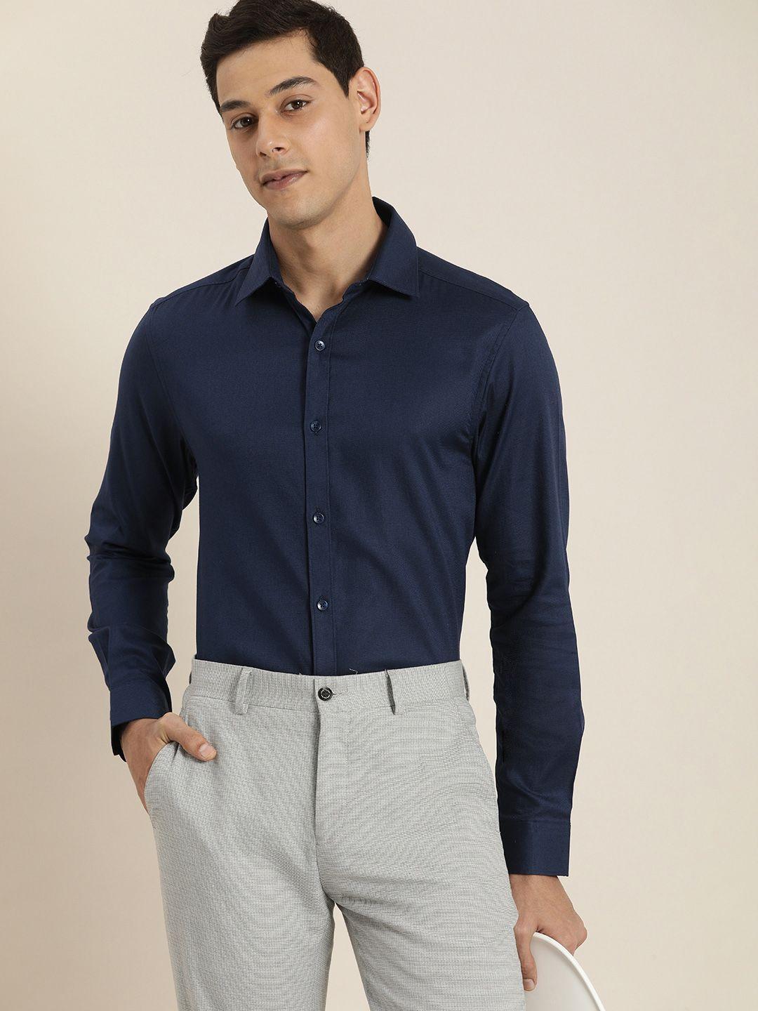 invictus men navy blue pure cotton slim fit casual shirt