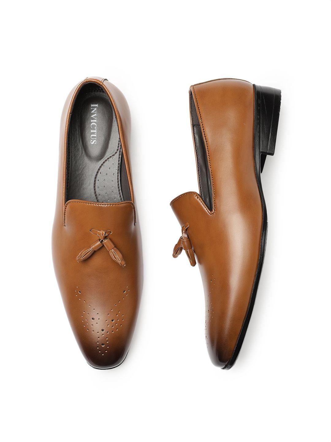 invictus men tan brown leather formal slip on shoes