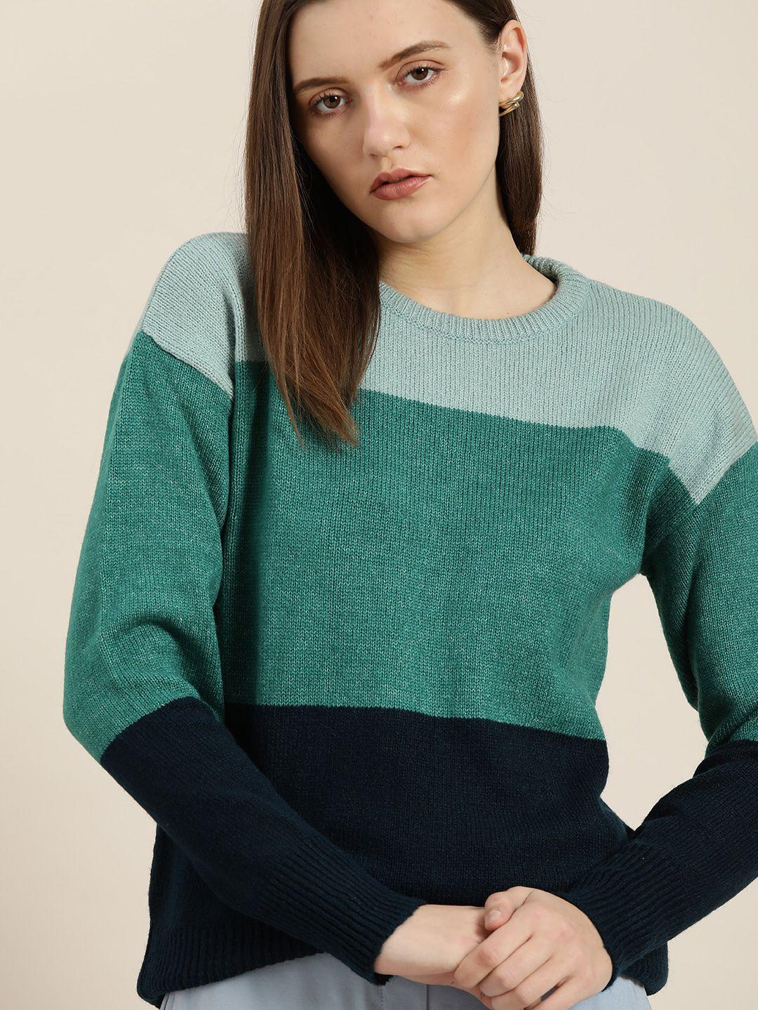 invictus women green & navy blue colourblocked pullover