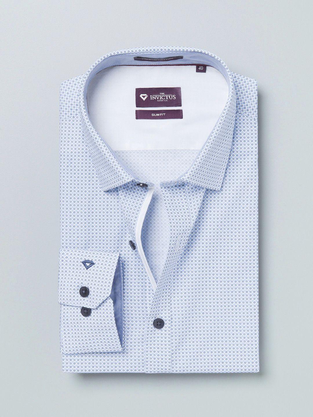invictus blue & white printed slim fit sustainable formal shirt