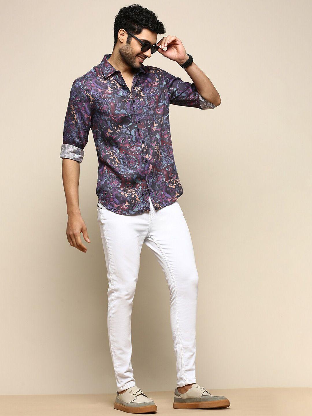 invictus club slim fit abstract printed spread collar cotton casual shirt