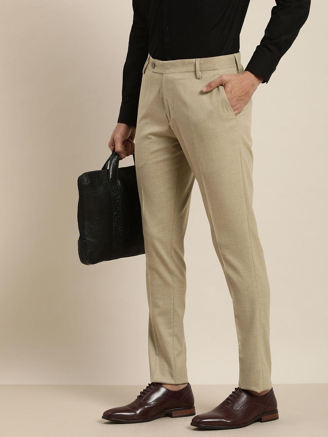 invictus men beige solid regular fit formal trousers