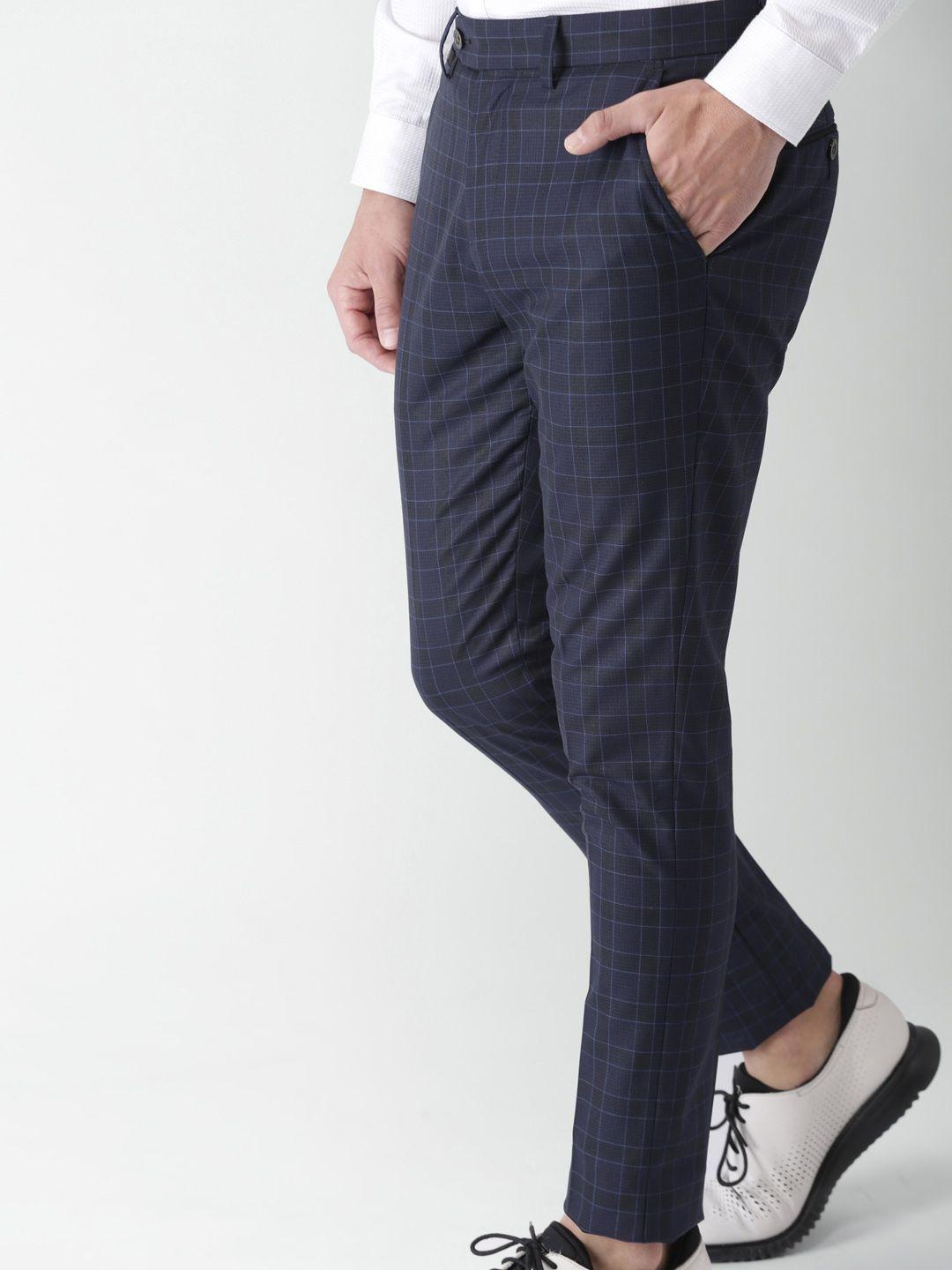 invictus men black & blue slim fit checked formal trousers