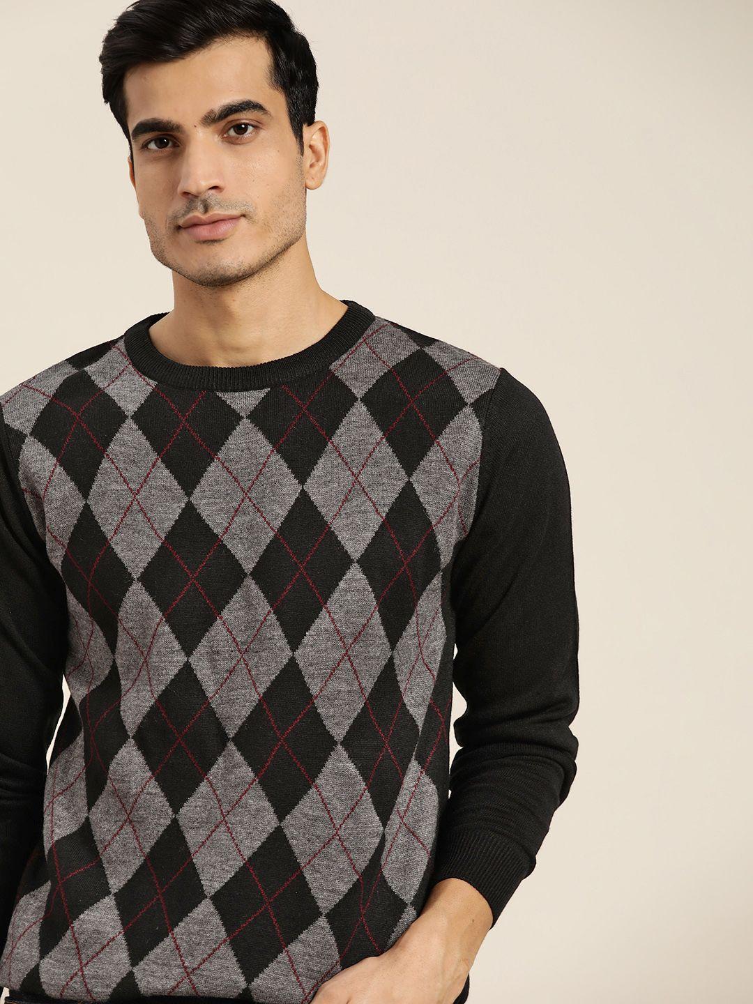 invictus men black & charcoal grey argyle printed pullover