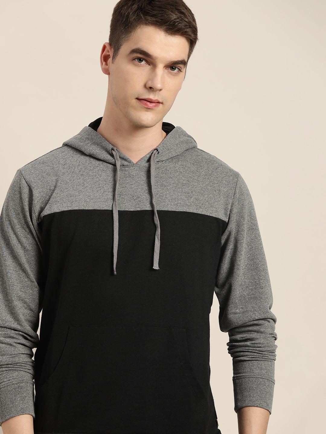 invictus men black & grey colourblocked pure cotton hooded sweatshirt