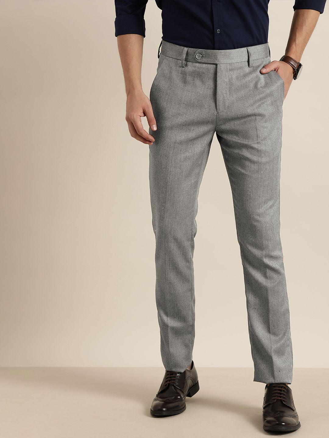 invictus men black & grey regular fit striped formal trousers