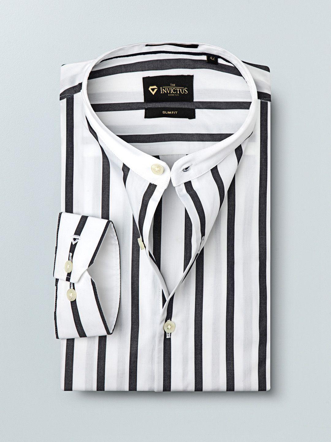 invictus men black & white slim fit striped smart casual shirt