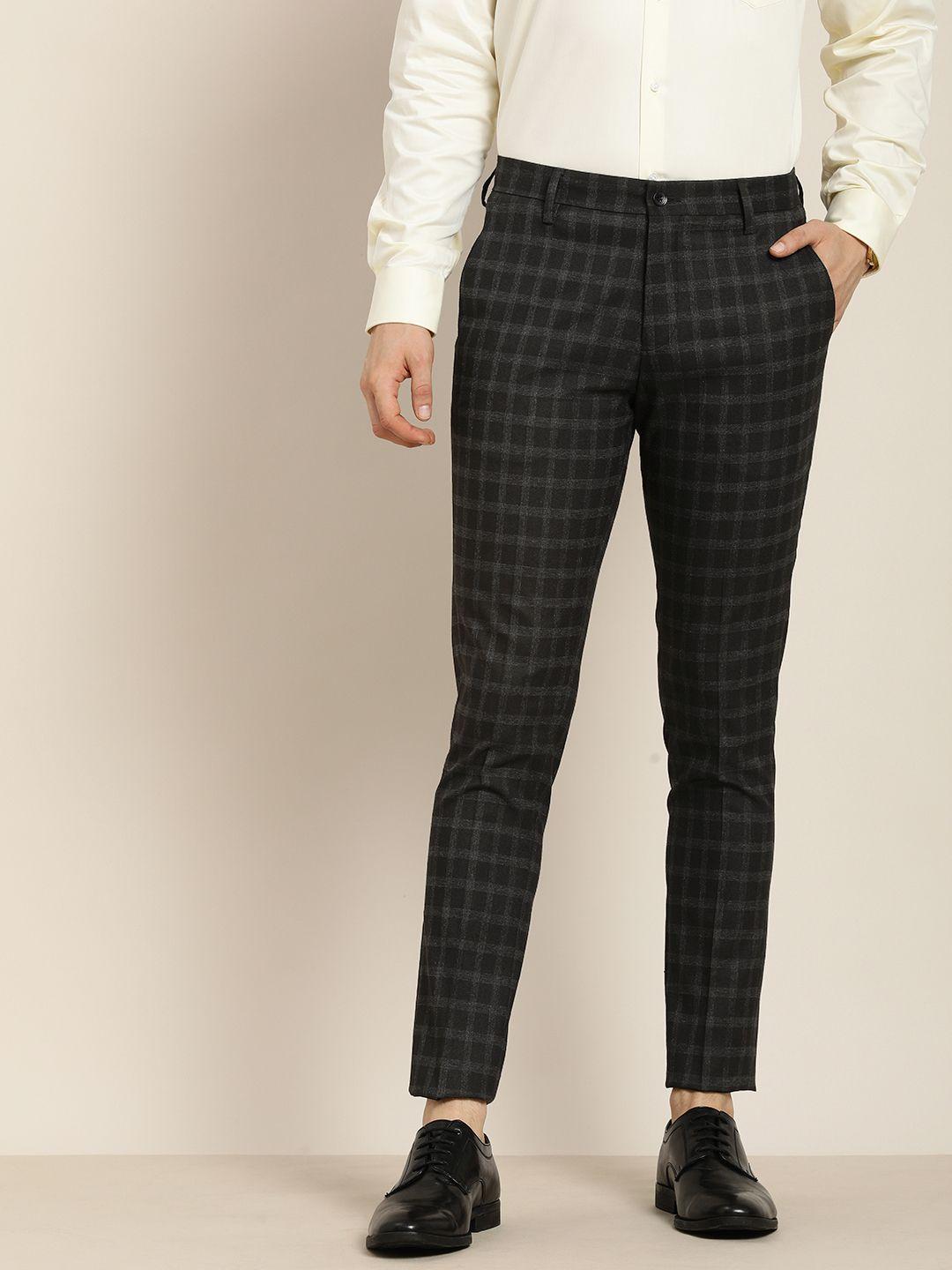 invictus men black checked slim fit mid-rise semiformal regular trousers