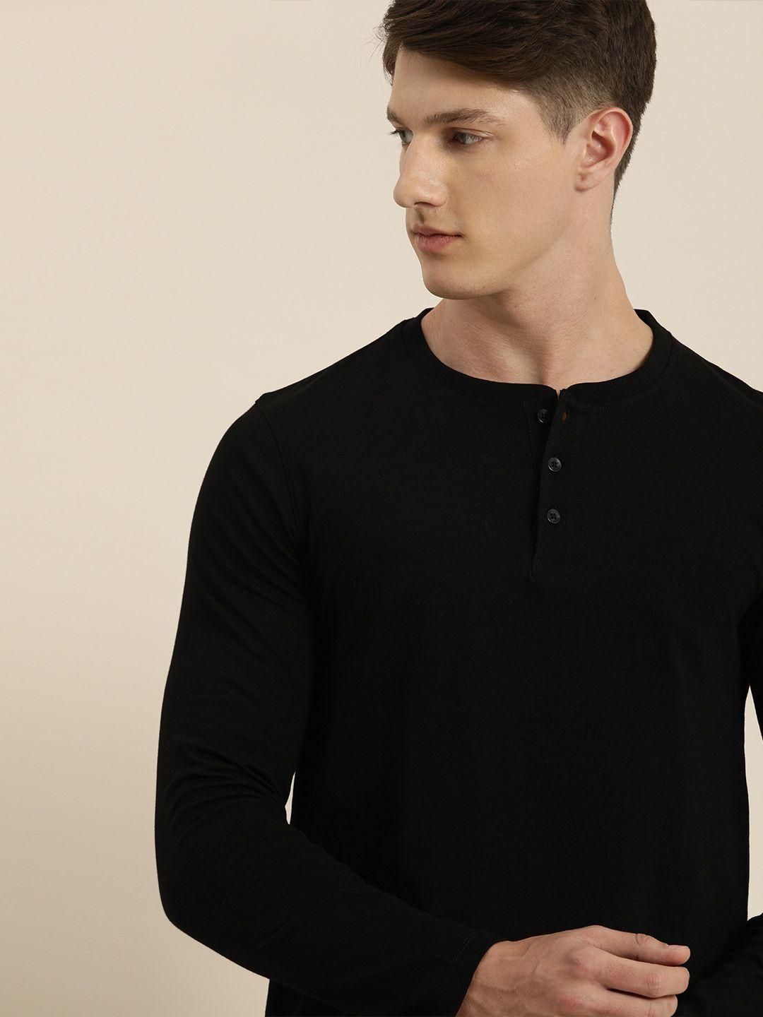 invictus men black pure cotton solid henley neck pure cotton t-shirt