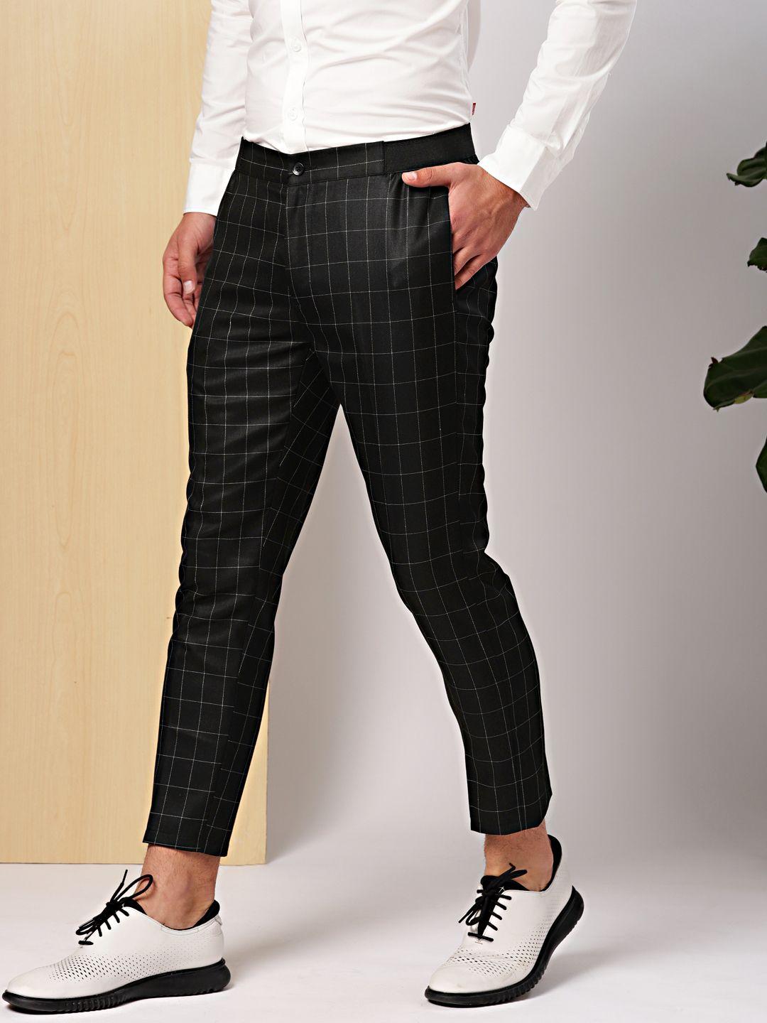 invictus men black slim fit checked formal trousers