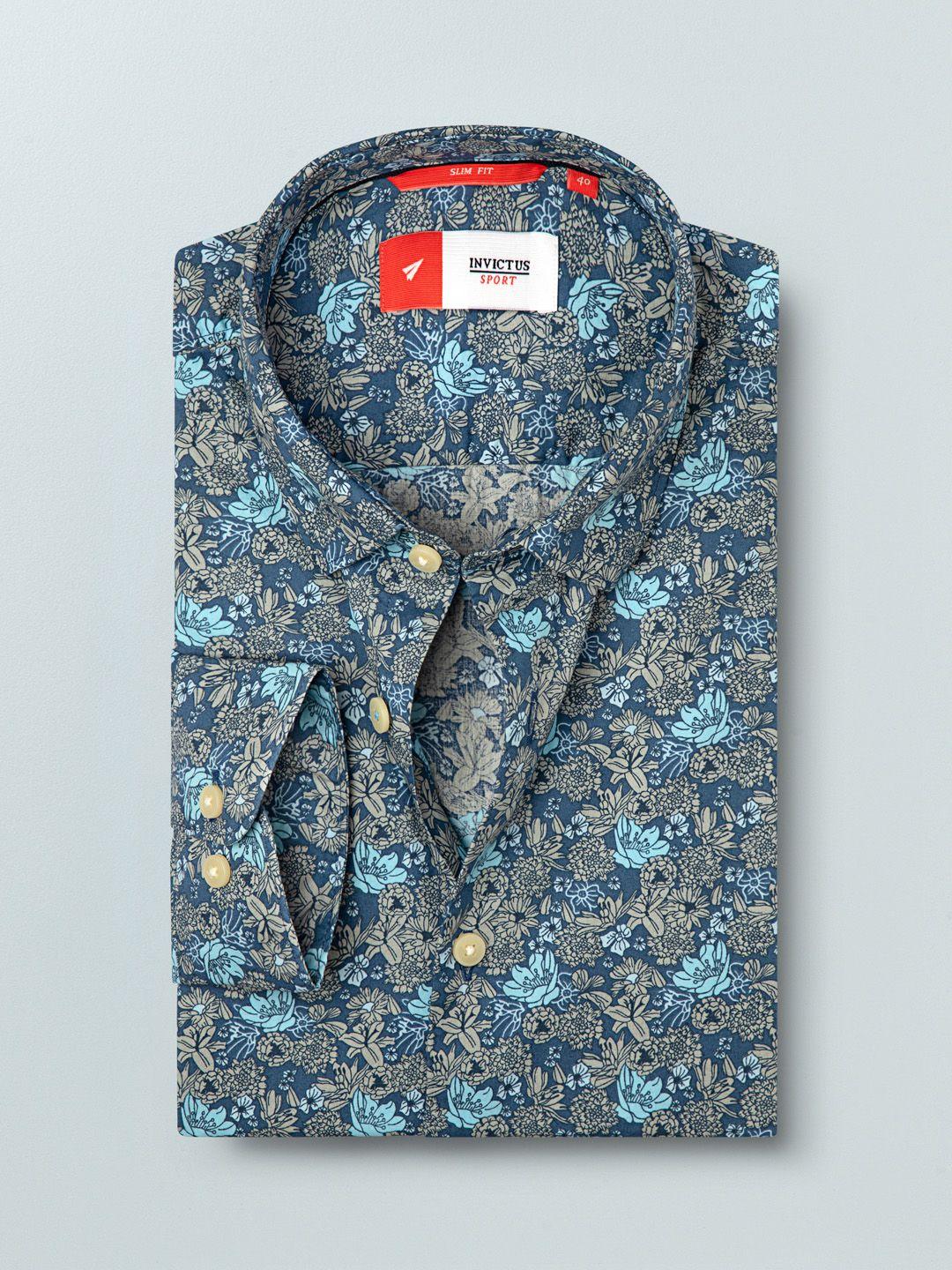 invictus men blue & grey slim fit printed smart casual shirt