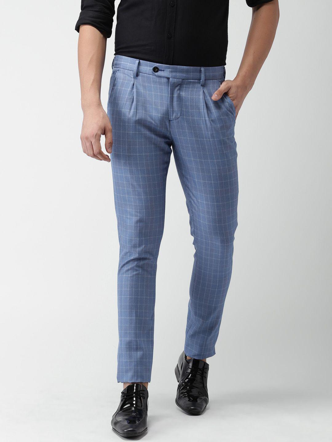 invictus men blue slim fit checked regular trousers