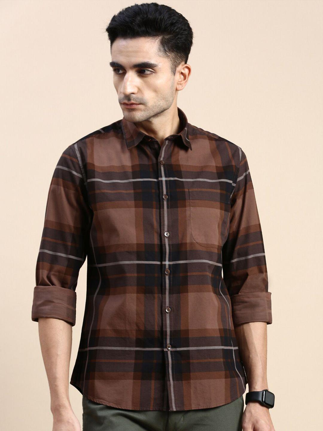 invictus men brown sport slim fit tartan checks opaque checked casual shirt