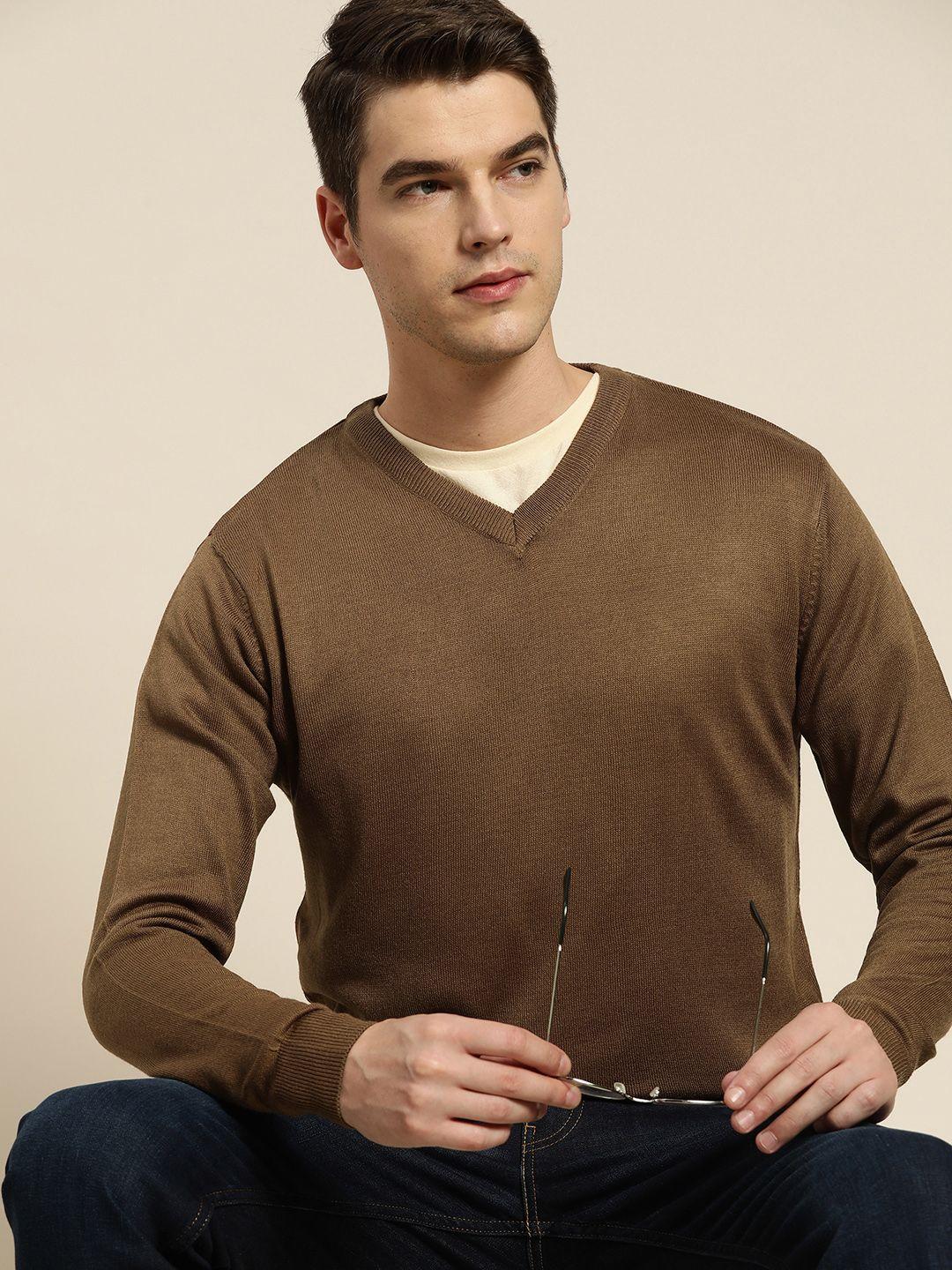 invictus men brown v-neck knitted pullover