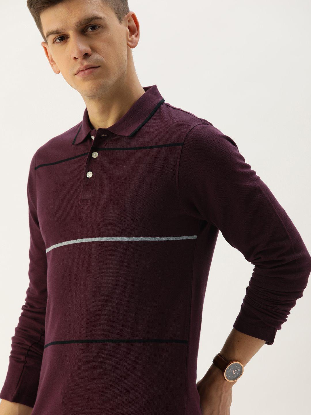 invictus men burgundy  white slim fit striped polo collar pure cotton t-shirt