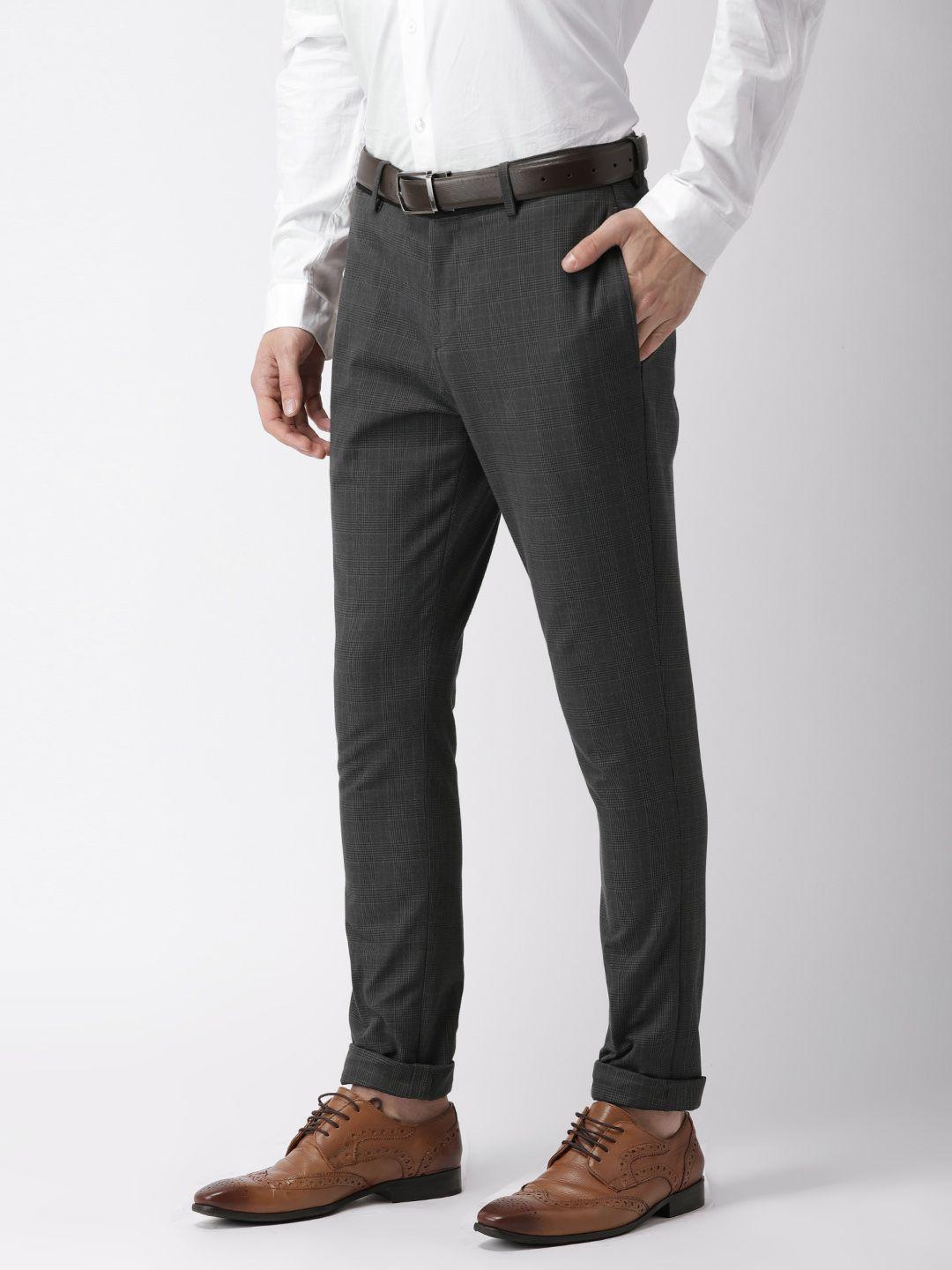 invictus men charcoal grey slim fit checked formal trousers