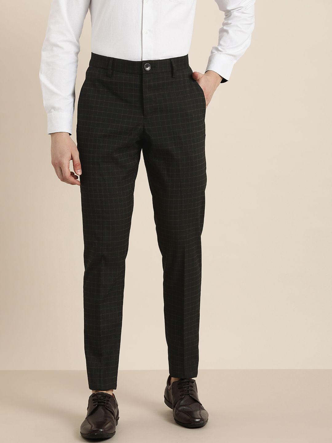 invictus men checked slim fit mid-rise plain woven flat-front formal trousers