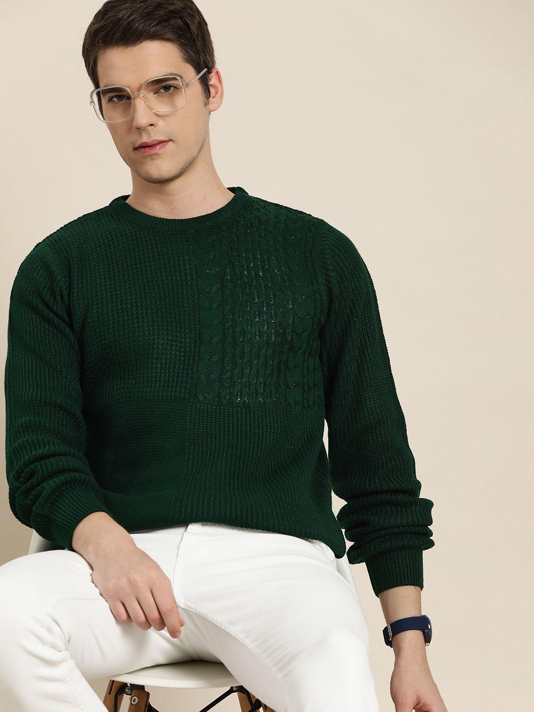 invictus men green self-design acrylic cable knit pullover