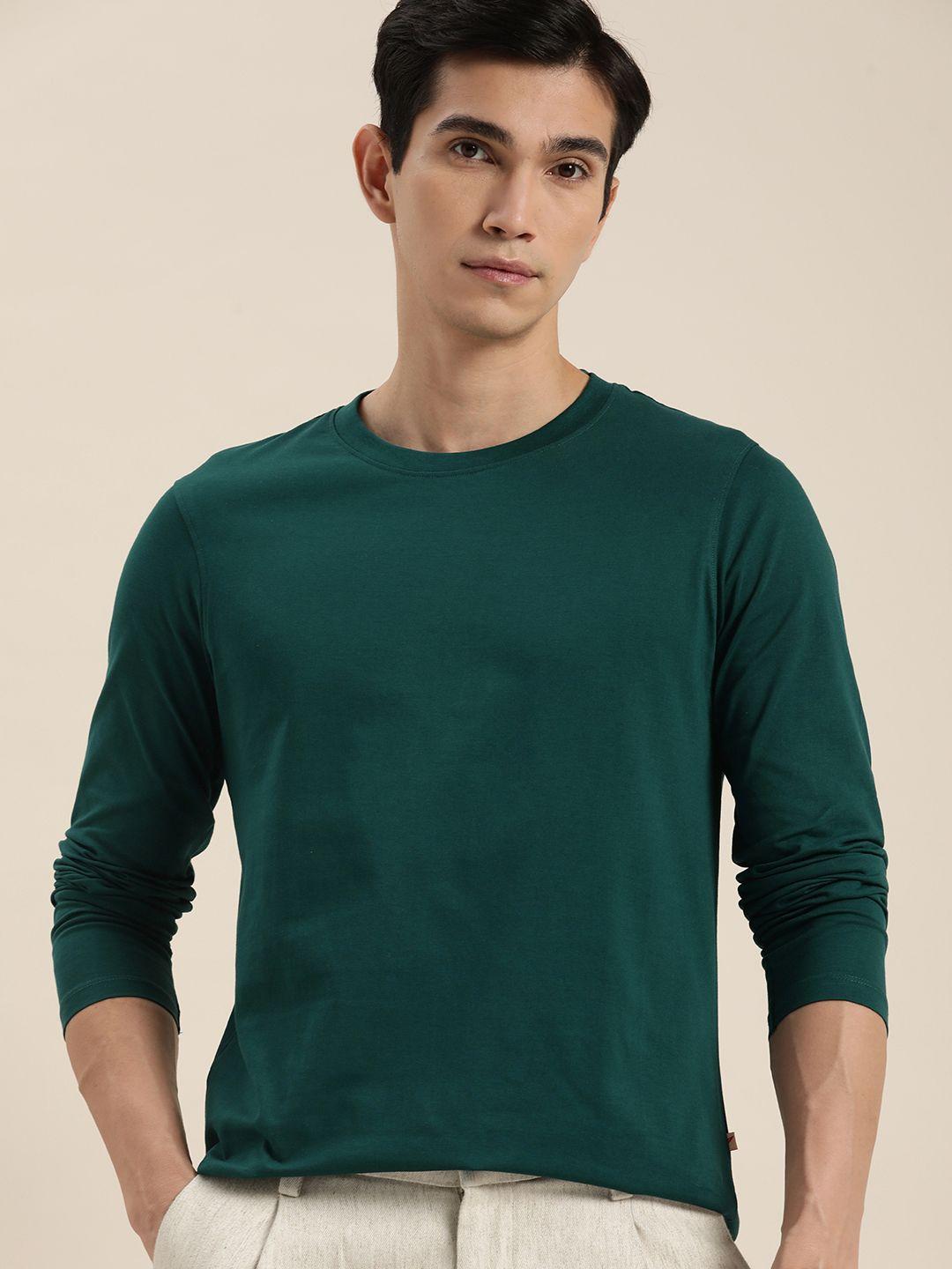 invictus men green solid pure cotton slim fit t-shirt