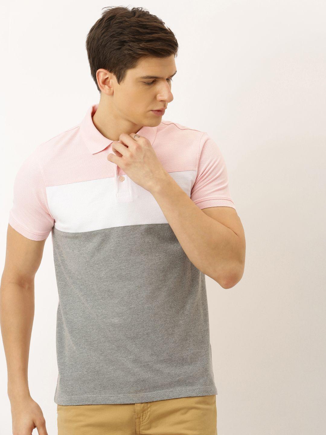 invictus men grey  pink colourblocked polo collar pure cotton t-shirt