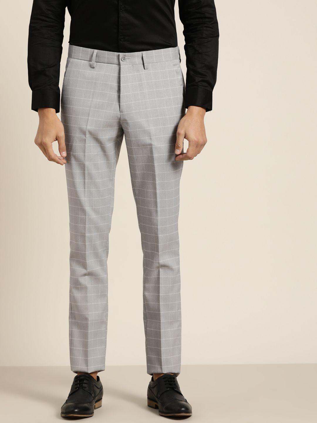 invictus men grey checked slim fit formal trousers
