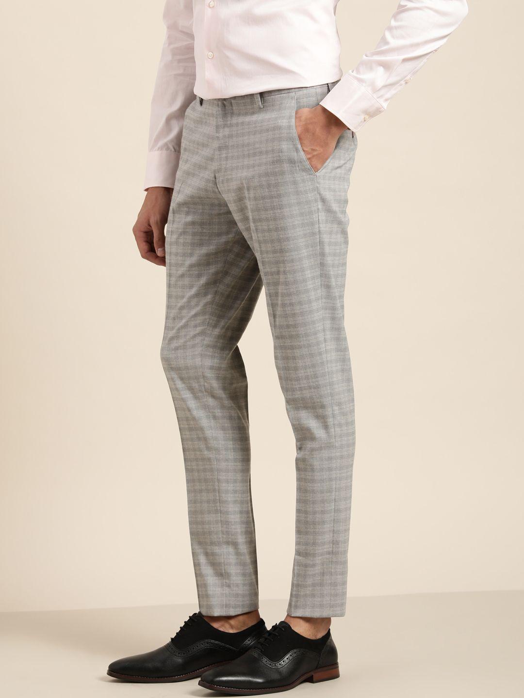 invictus men grey checked slim fit trousers