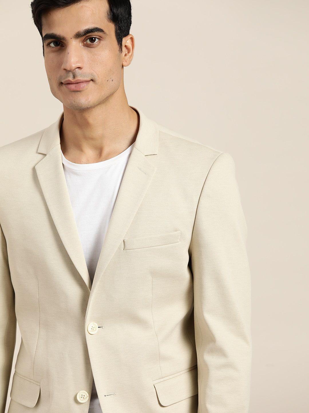 invictus men grey cream-coloured solid single-breasted slim fit smart casual blazer