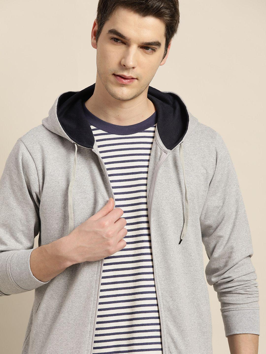 invictus men grey melange solid pure cotton front-open hooded sweatshirt