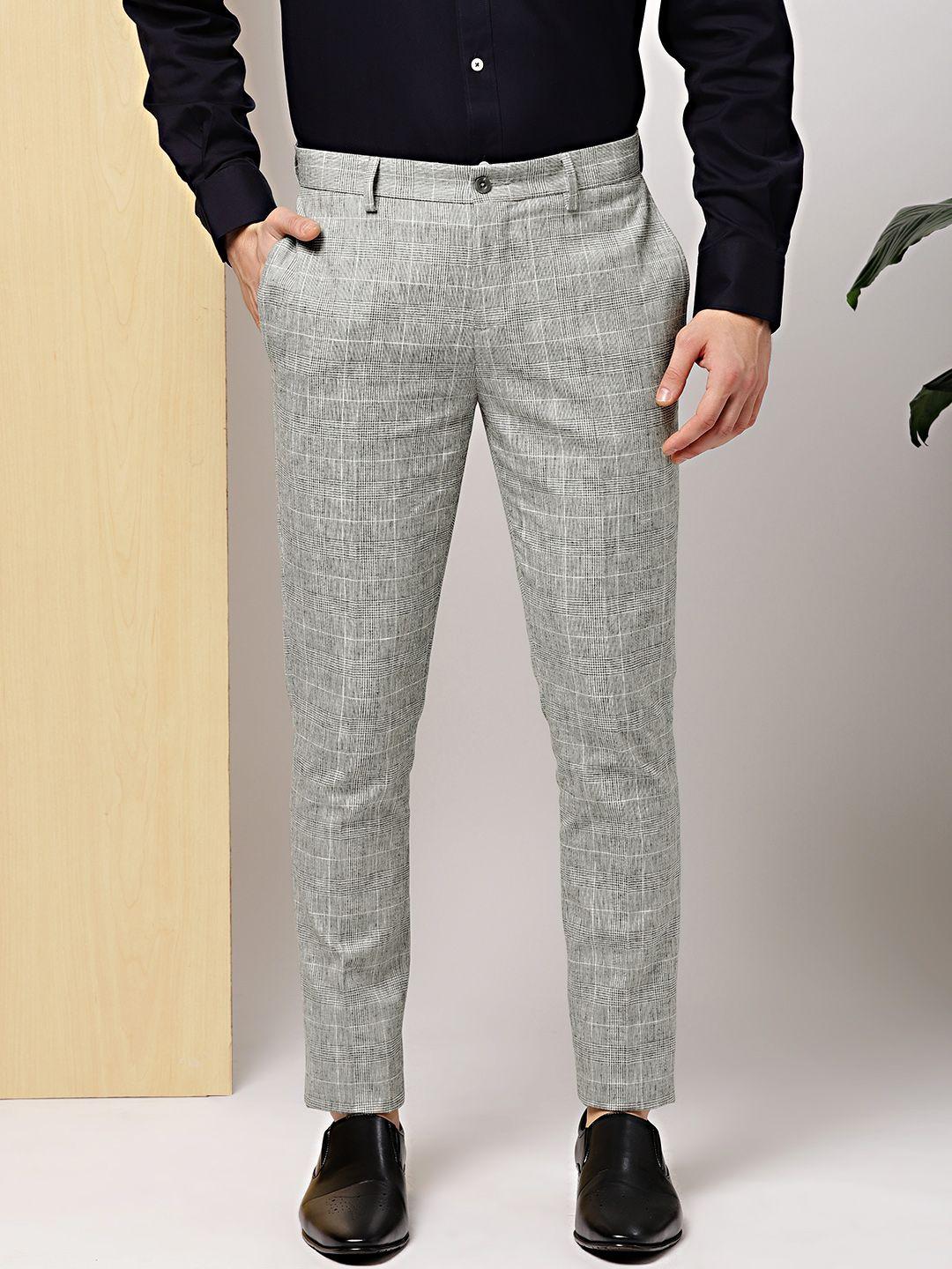 invictus men grey slim fit checked formal trousers