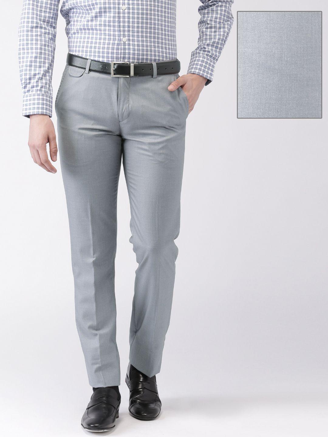 invictus men grey solid slim fit flat-front formal trousers