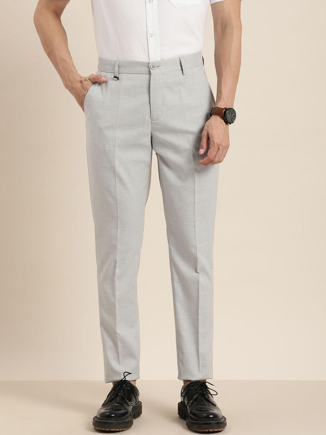 invictus men grey textured slim fit trousers