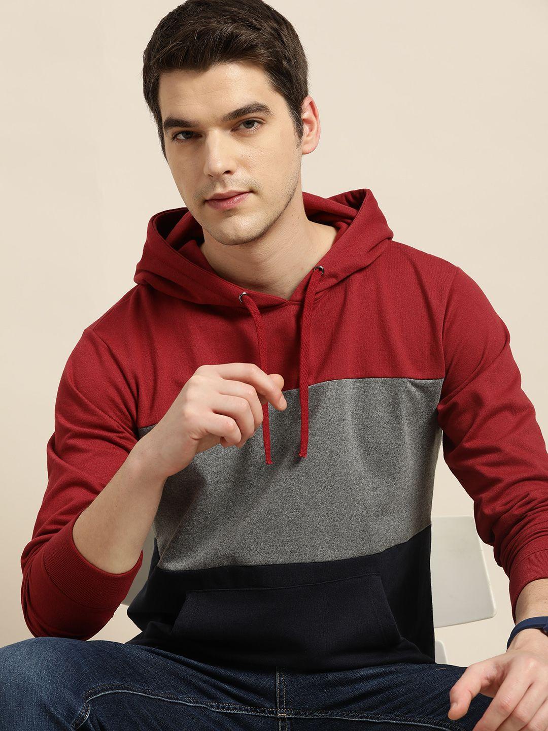 invictus men maroon & charcoal grey pure cotton colourblocked hooded sweatshirt