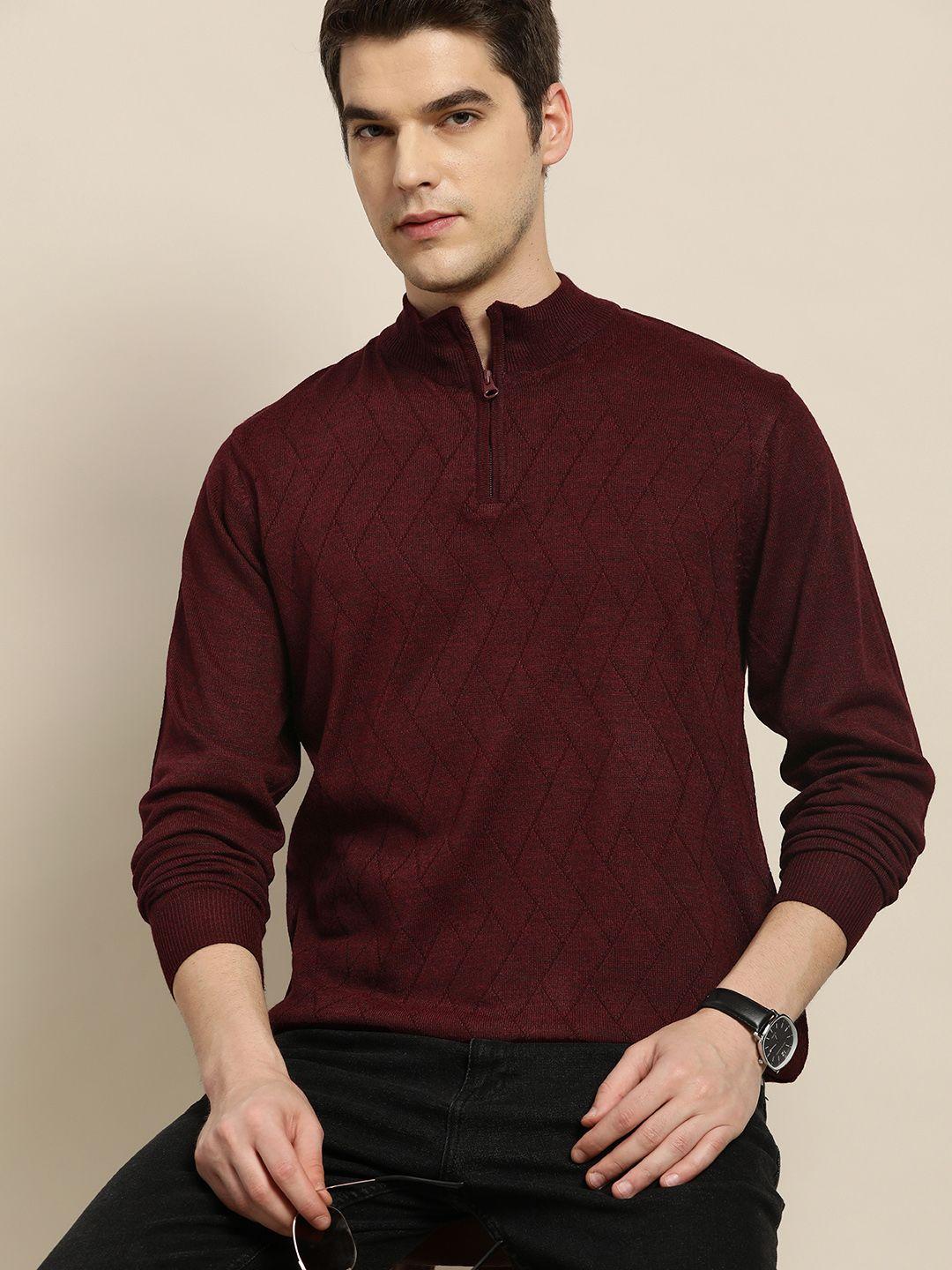 invictus men maroon self-design acrylic geometric pattern pullover