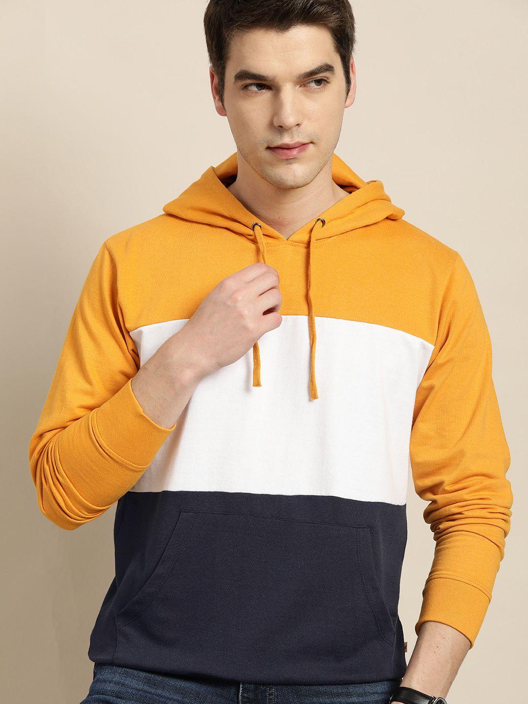 invictus men mustard yellow & white striped pure cotton hooded sweatshirt