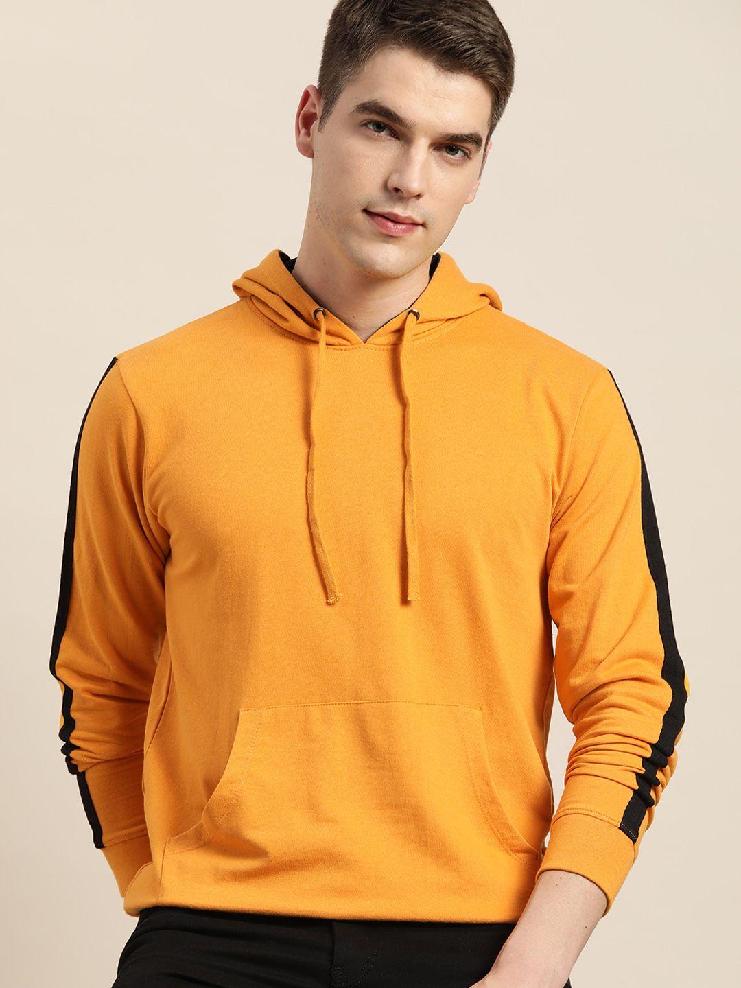 invictus men mustard yellow solid pure cotton hooded sweatshirt