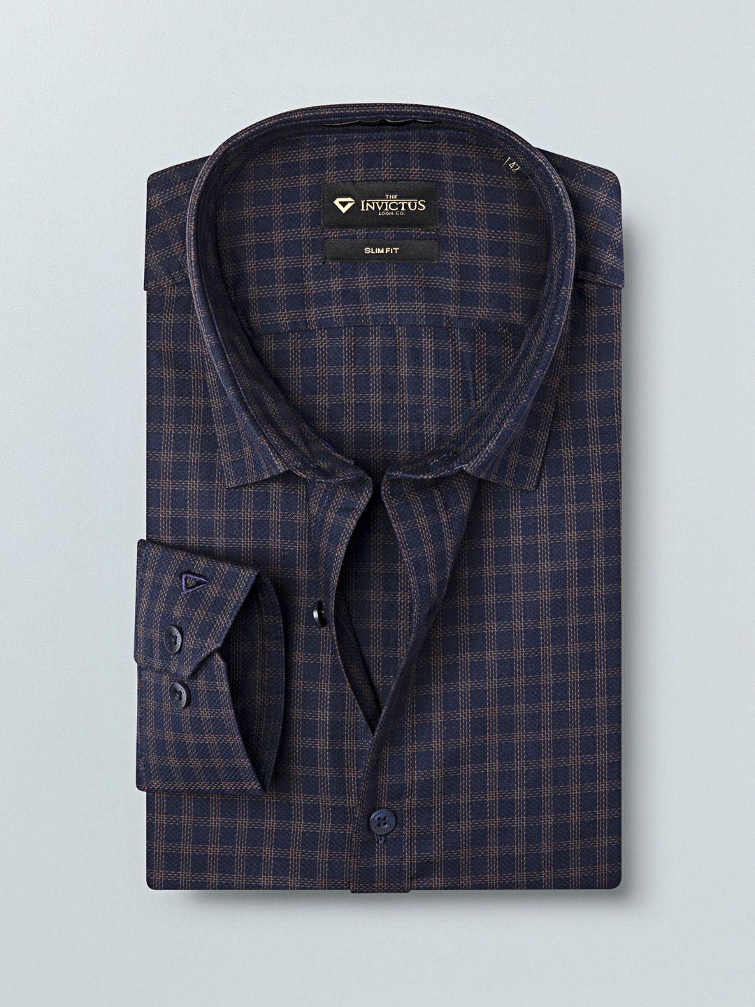 invictus men navy blue & brown slim fit self design sustainable formal shirt