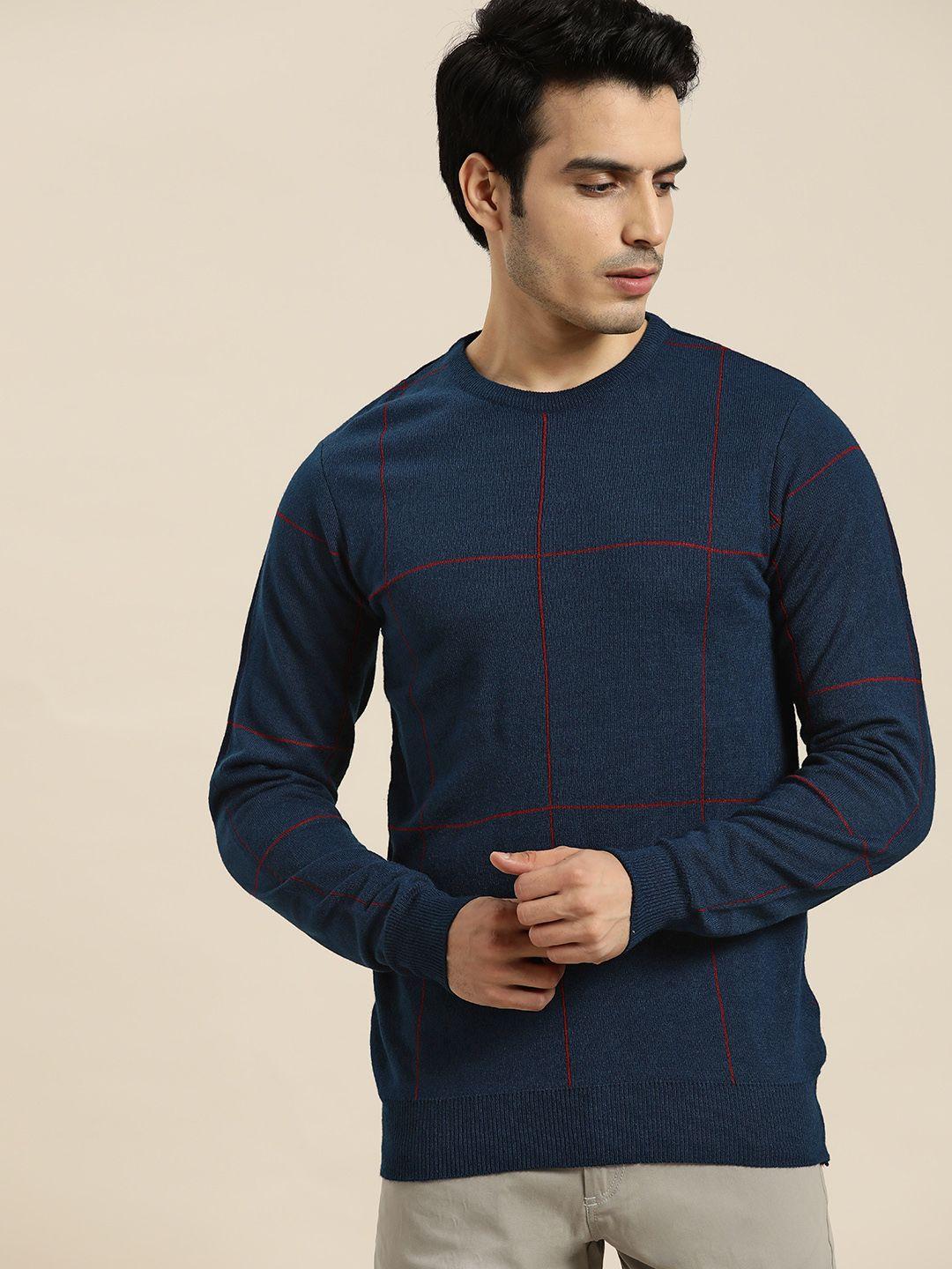 invictus men navy blue & maroon self checked pullover